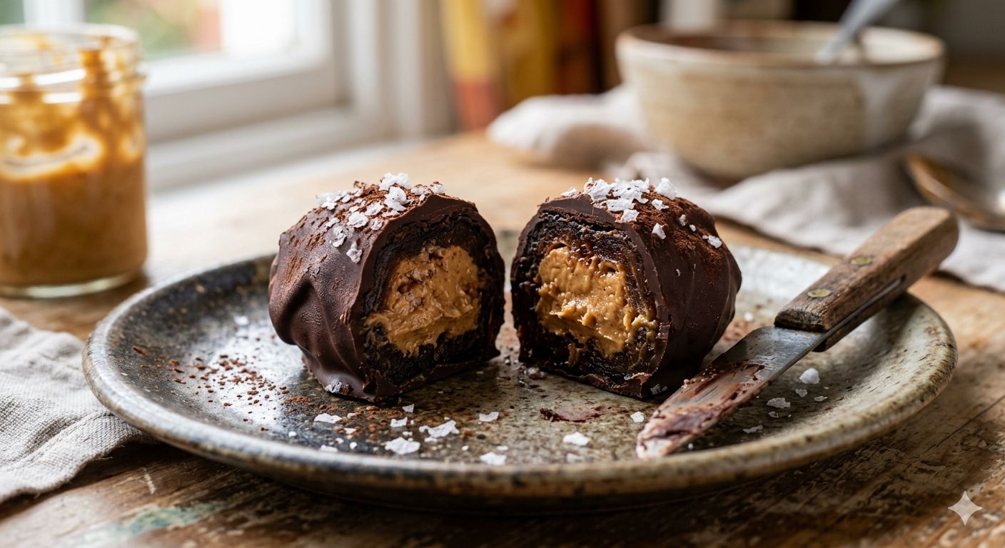 Peanut Butter Medjool date cut in half showing peanut butter filling