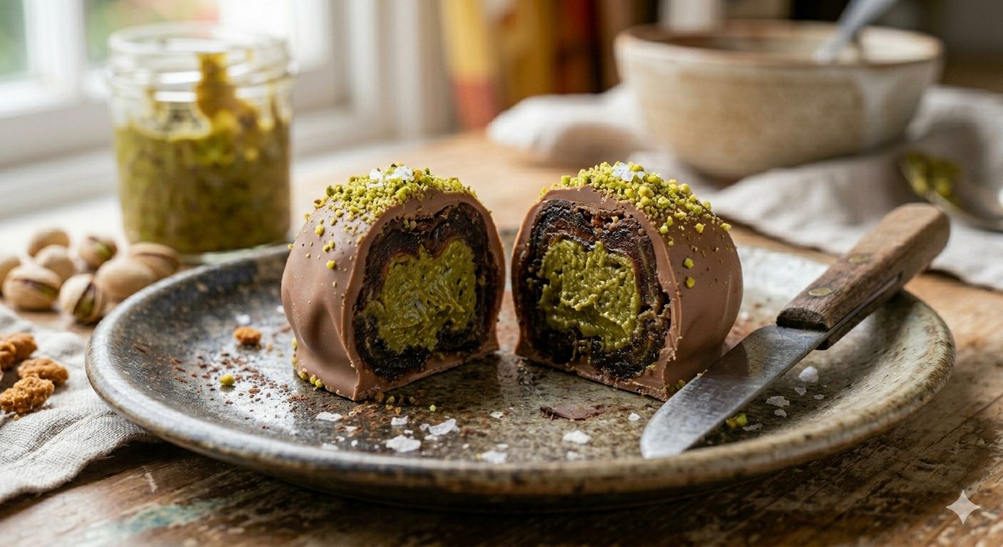 Pistachio Medjool date cut in half showing creamy pistachio filling