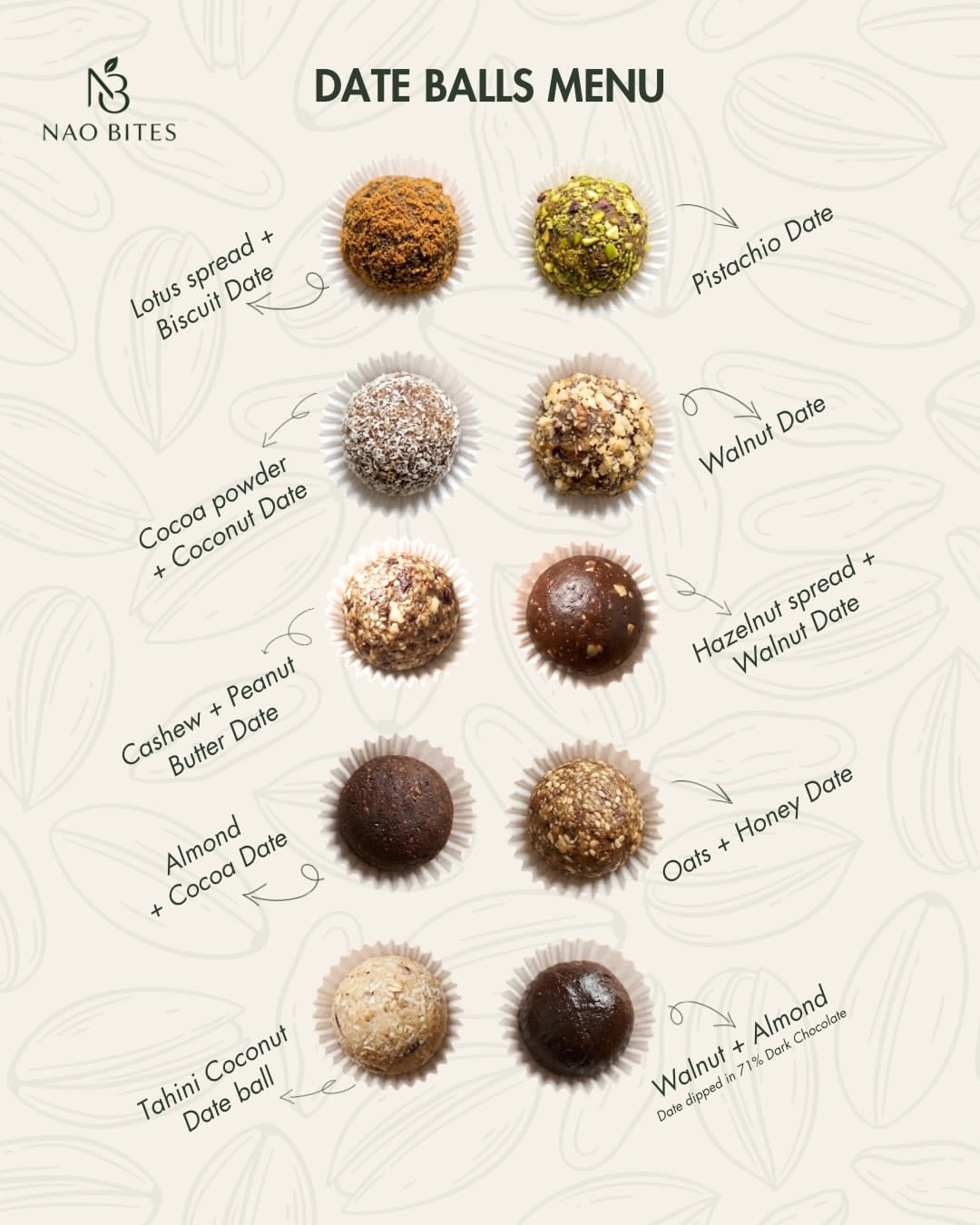 NAO BITES date balls menu showing all flavors