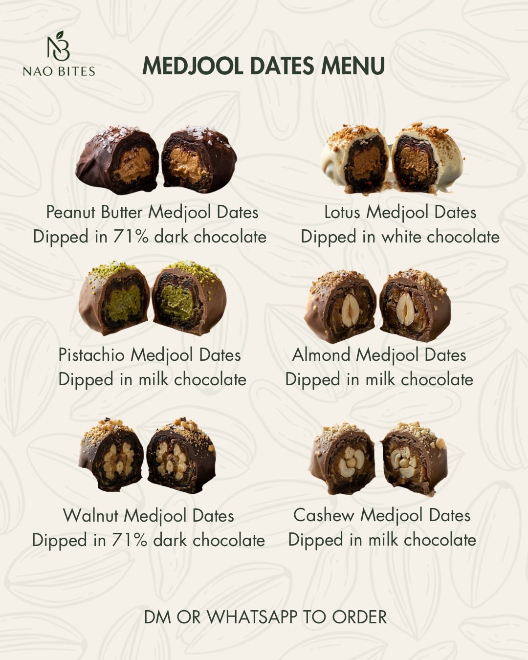NAO BITES Medjool dates menu showing all six flavors
